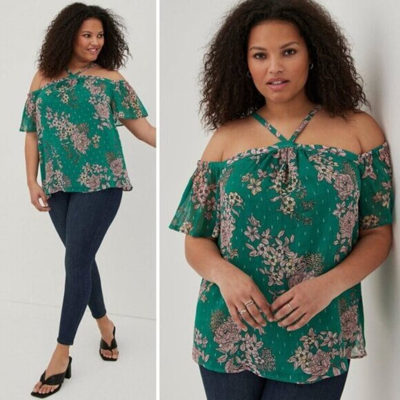 Torrid Womens Cold Shoulder Halter Top Floral Green Large - Picture 1 of 10